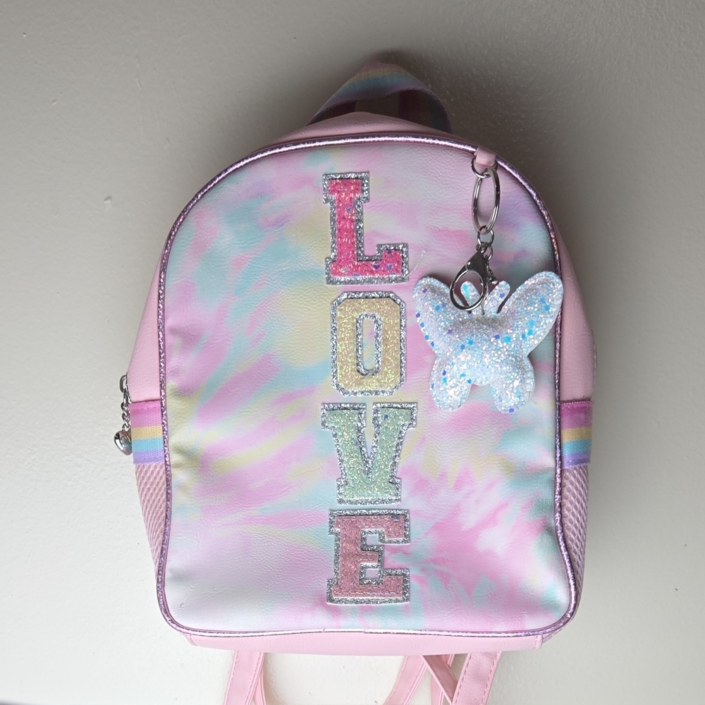 Girls Pastel Pink Tie-Dye 'LOVE' Backpack with Sparkle Butterfly Charm